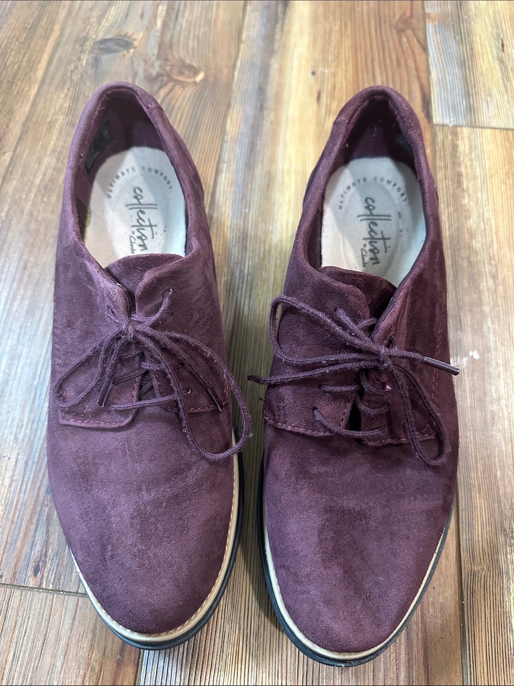 Clarks Sharon Noel Oxford Burgandy Women’s  Suede Wedge Lace-Up Shoes